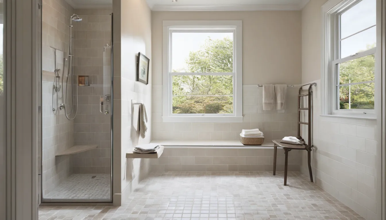 Bright bathroom in a the Perkasie area home with a new low-step shower, glass panel, and grab bar where a tub used to be