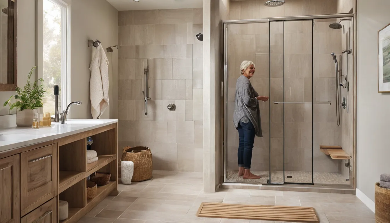 A bright, accessible walk-in shower with a bench and grab bars in a Perkasie home bathroom
